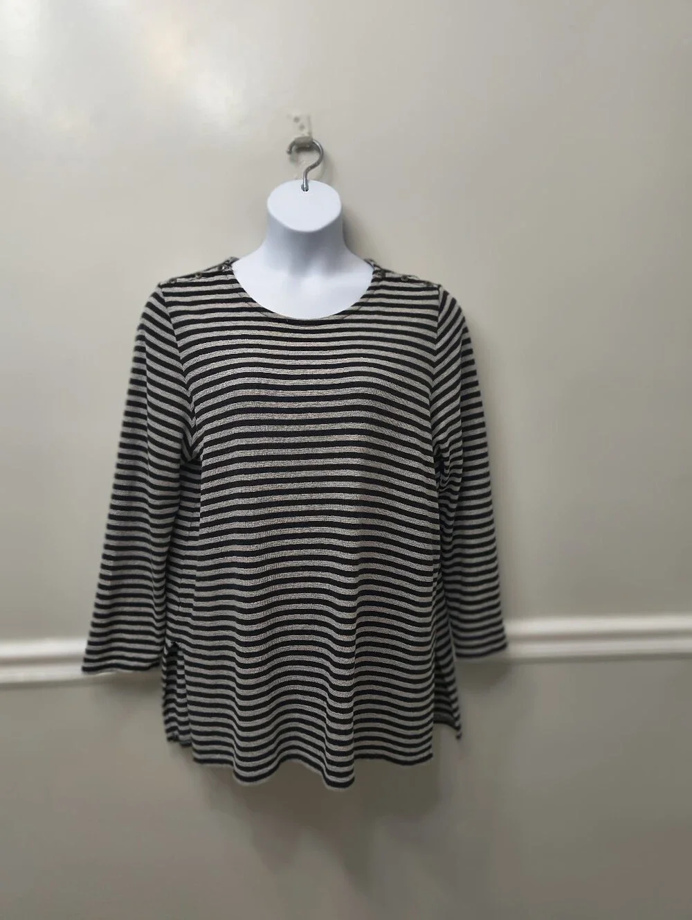 J. Jill Cotton Striped Pullover Knit Tunic Top Black Gray XL Nautical Boho Casua